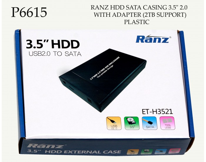 RANZ HDD SATA CASING 3.5 2.0 WITH ADAPTER (PLASTIC) USB